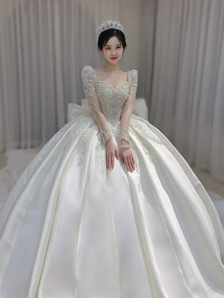 Plus Size Satin Square Collar Lace Detail Wedding Dress - Custom Made Luxury Full Skirt Floor Length or Train Bridal Gown