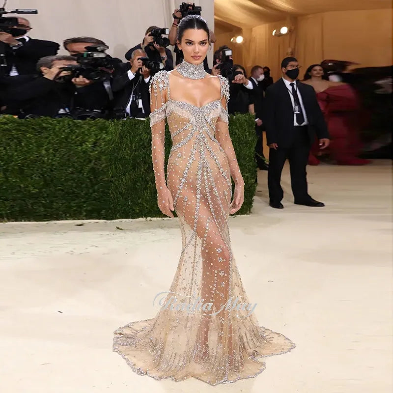 Esclusivi Abiti da Sera di Lusso 2023 con Perline di Cristallo e Frange - Stile Sirena, Ispirati a Kendall Jenner - Dubai
