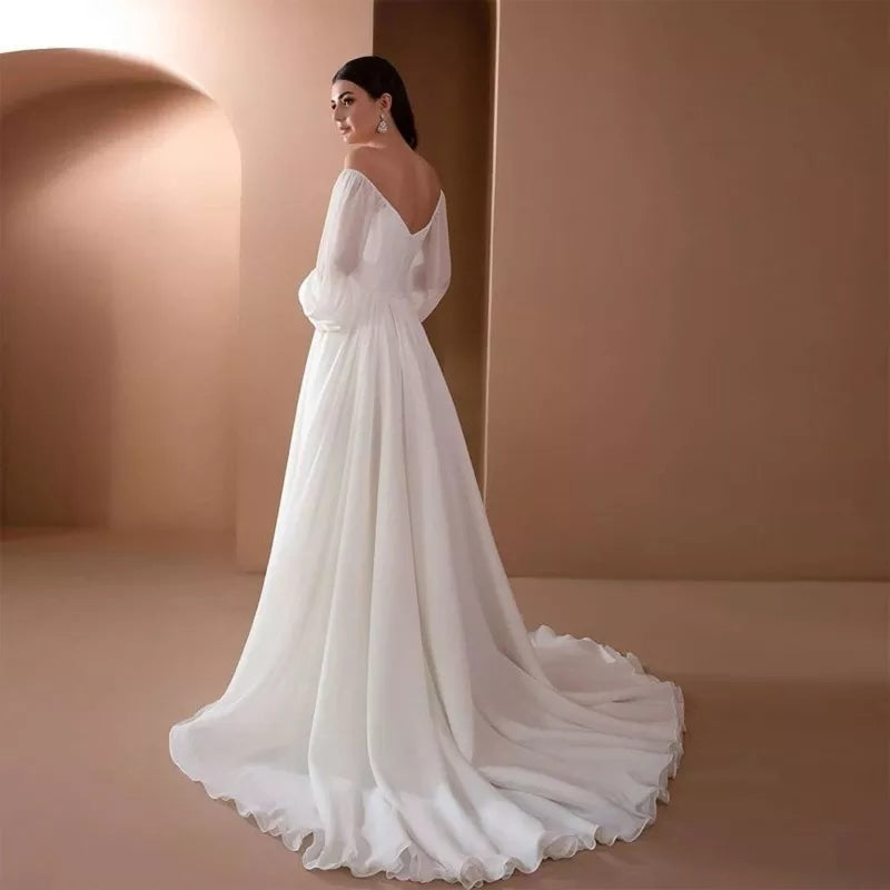 Abiti da sposa economici a maniche lunghe con spalle scoperte, lunghezza del pavimento bianco, abiti da cerimonia per matrimoni sexy femminili