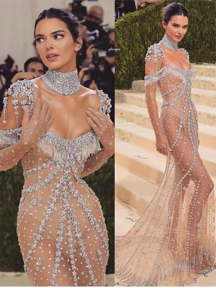 Esclusivi Abiti da Sera di Lusso 2023 con Perline di Cristallo e Frange - Stile Sirena, Ispirati a Kendall Jenner - Dubai