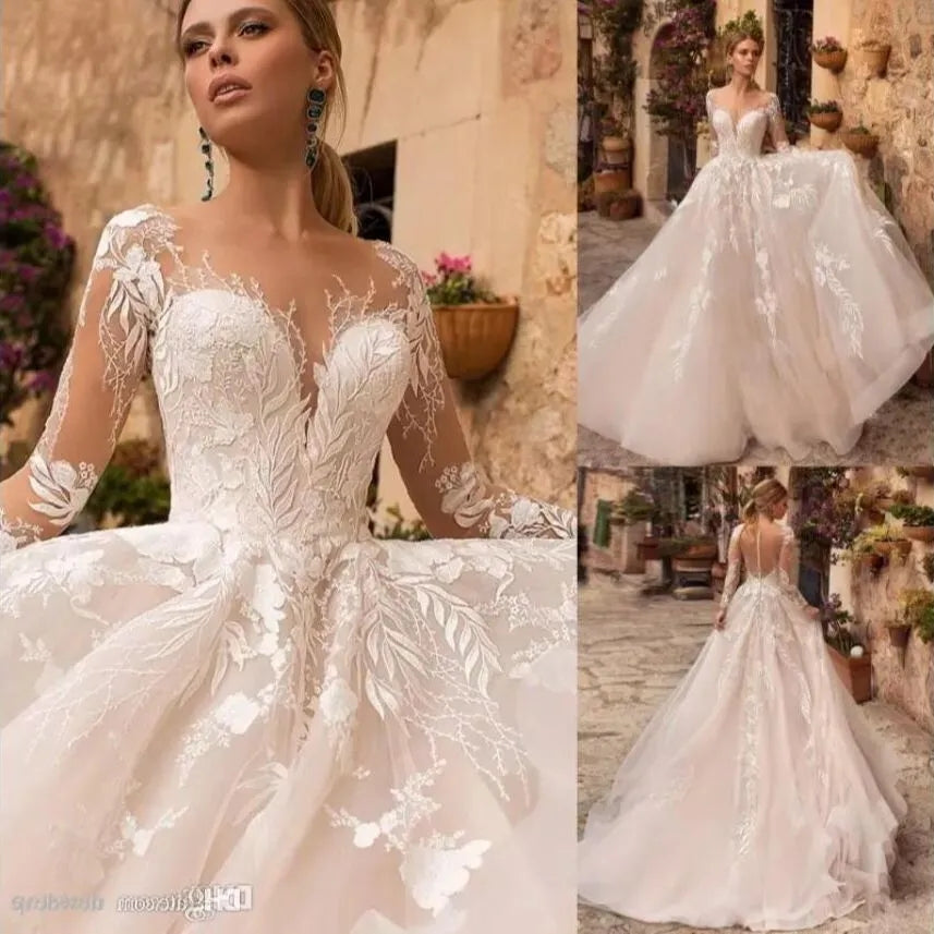 Abito da sposa sexy in tulle con applicazioni scollo a V 2022 Illusion Backless manica lunga principessa Boho Vestido De Noiva - Bridetobe.it