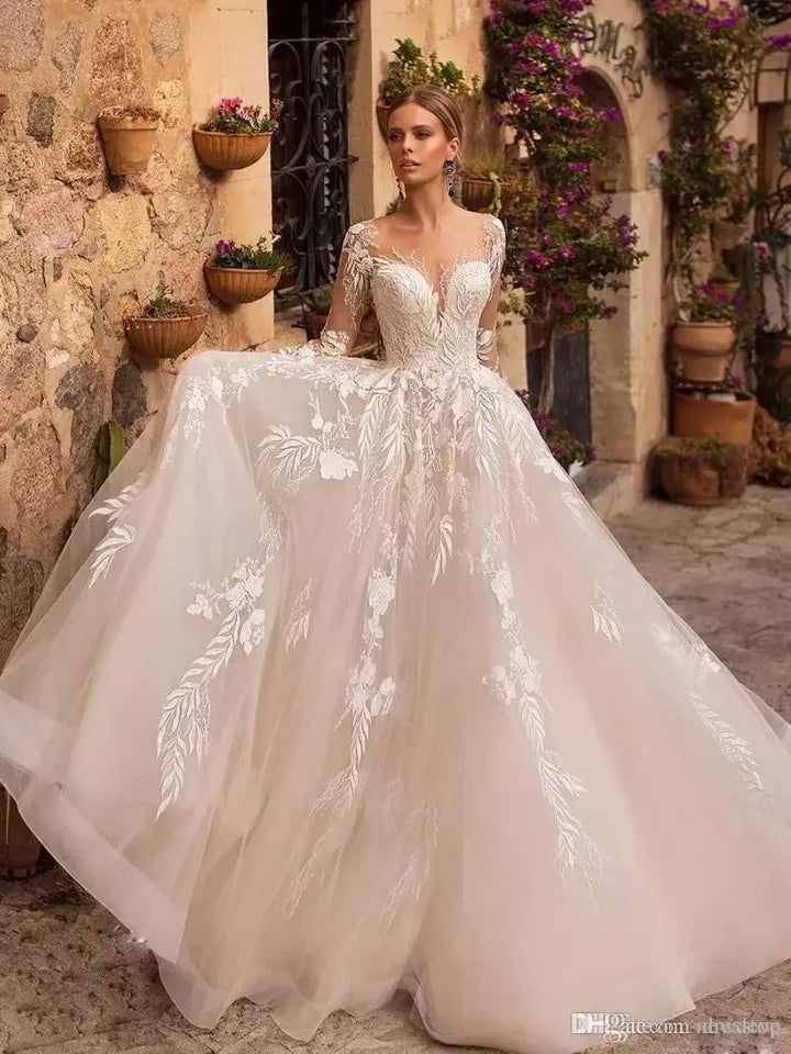 Abito da sposa sexy in tulle con applicazioni scollo a V 2022 Illusion Backless manica lunga principessa Boho Vestido De Noiva - Bridetobe.it