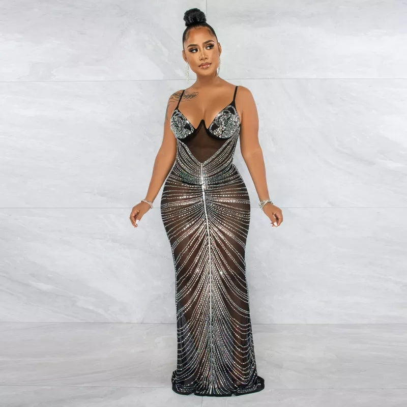 Splendido abito a sirena con ferretto in maglia nera con strass, abito estivo da donna, abito da sera in cristallo trasparente, abiti da discoteca per celebrità - Bridetobe.it