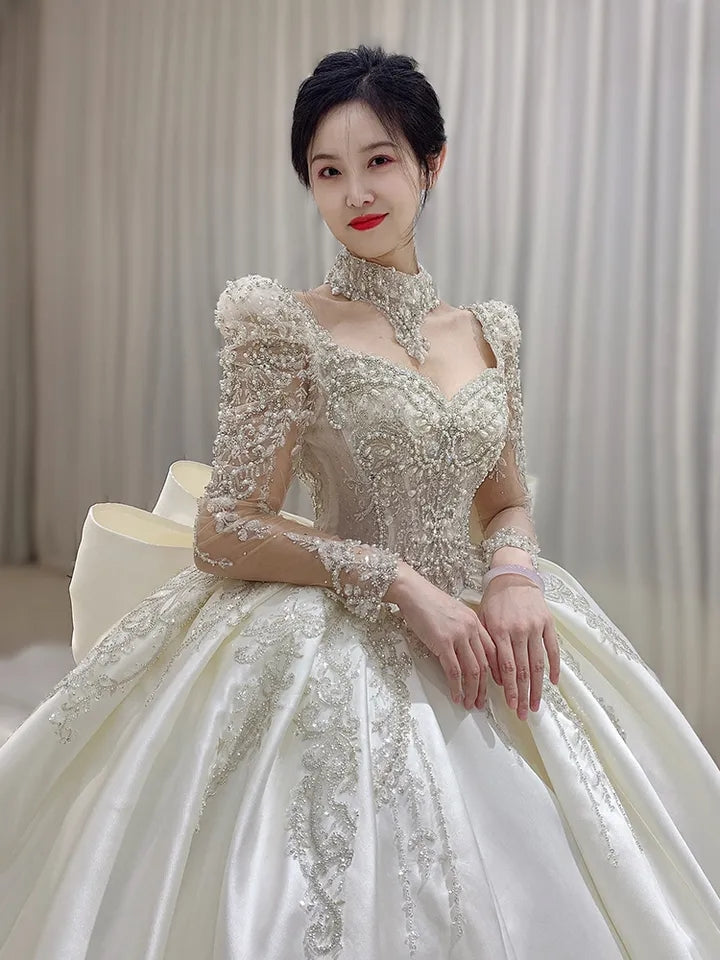 Plus Size Satin Square Collar Lace Detail Wedding Dress - Custom Made Luxury Full Skirt Floor Length or Train Bridal Gown