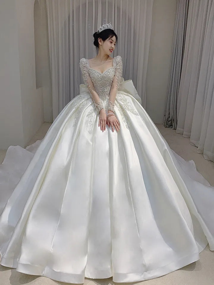 Plus Size Satin Square Collar Lace Detail Wedding Dress - Custom Made Luxury Full Skirt Floor Length or Train Bridal Gown