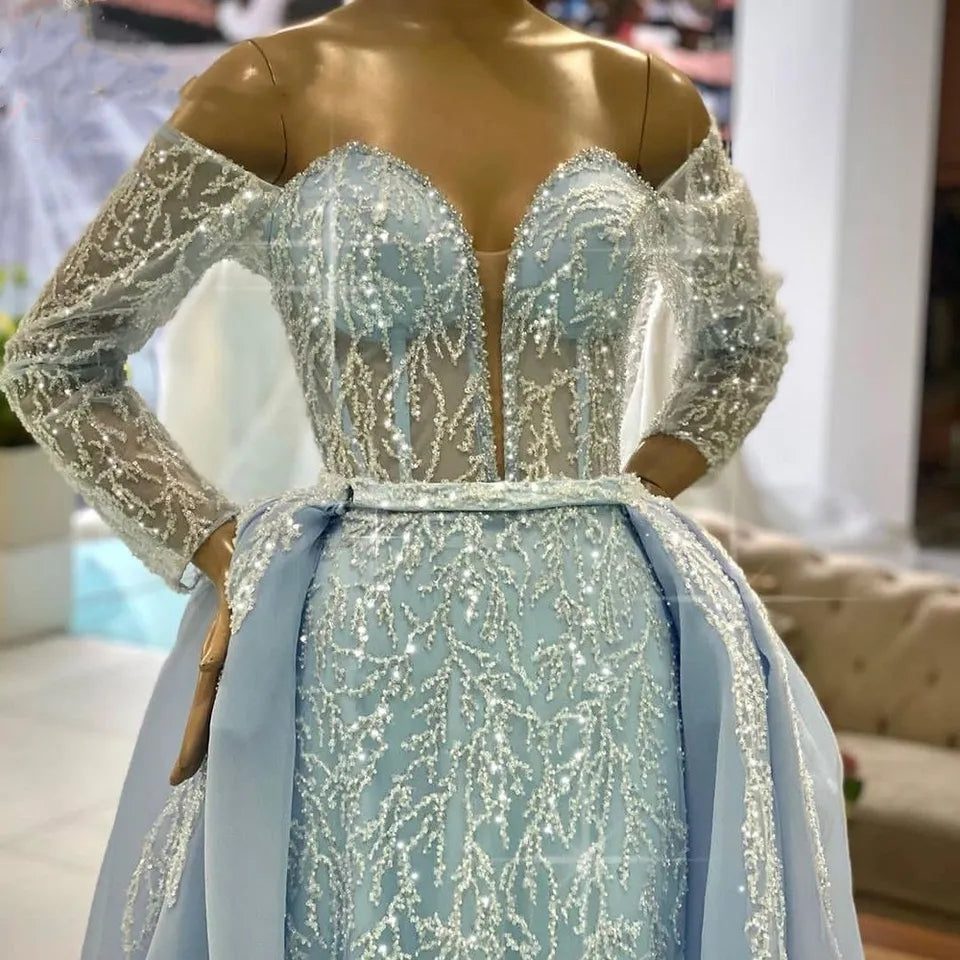 Elegante abito da sera per donne 2023 con spalle scoperte maniche lunghe a sirena con abiti da ballo staccabili con strascico - Bridetobe.it