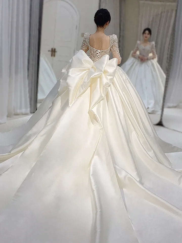 Plus Size Satin Square Collar Lace Detail Wedding Dress - Custom Made Luxury Full Skirt Floor Length or Train Bridal Gown