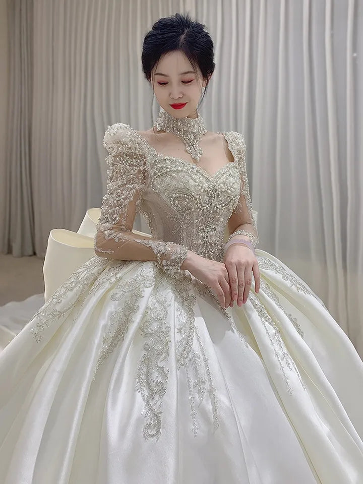 Plus Size Satin Square Collar Lace Detail Wedding Dress - Custom Made Luxury Full Skirt Floor Length or Train Bridal Gown