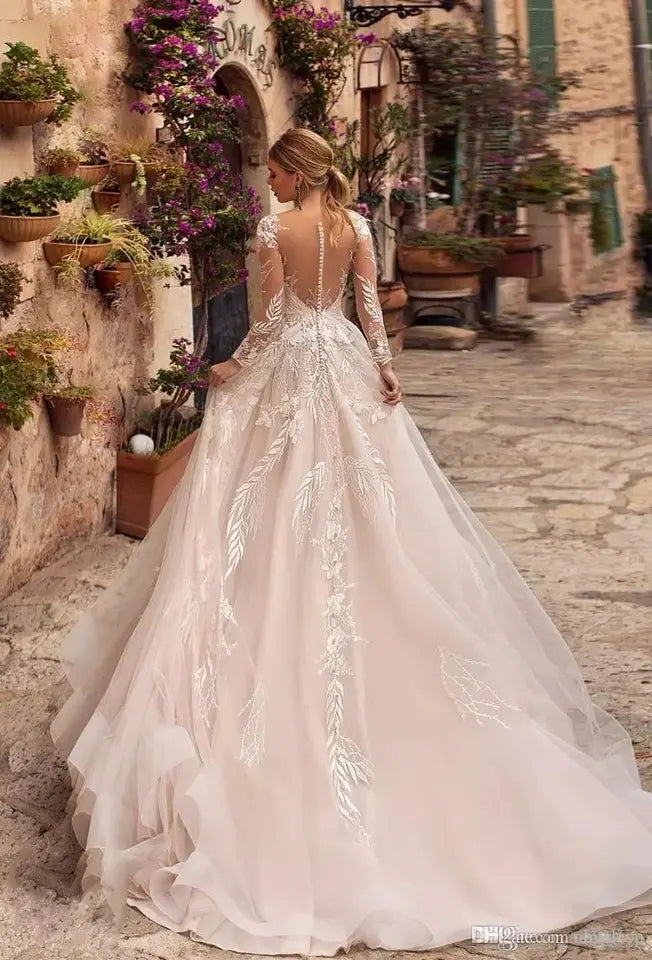 Abito da sposa sexy in tulle con applicazioni scollo a V 2022 Illusion Backless manica lunga principessa Boho Vestido De Noiva - Bridetobe.it