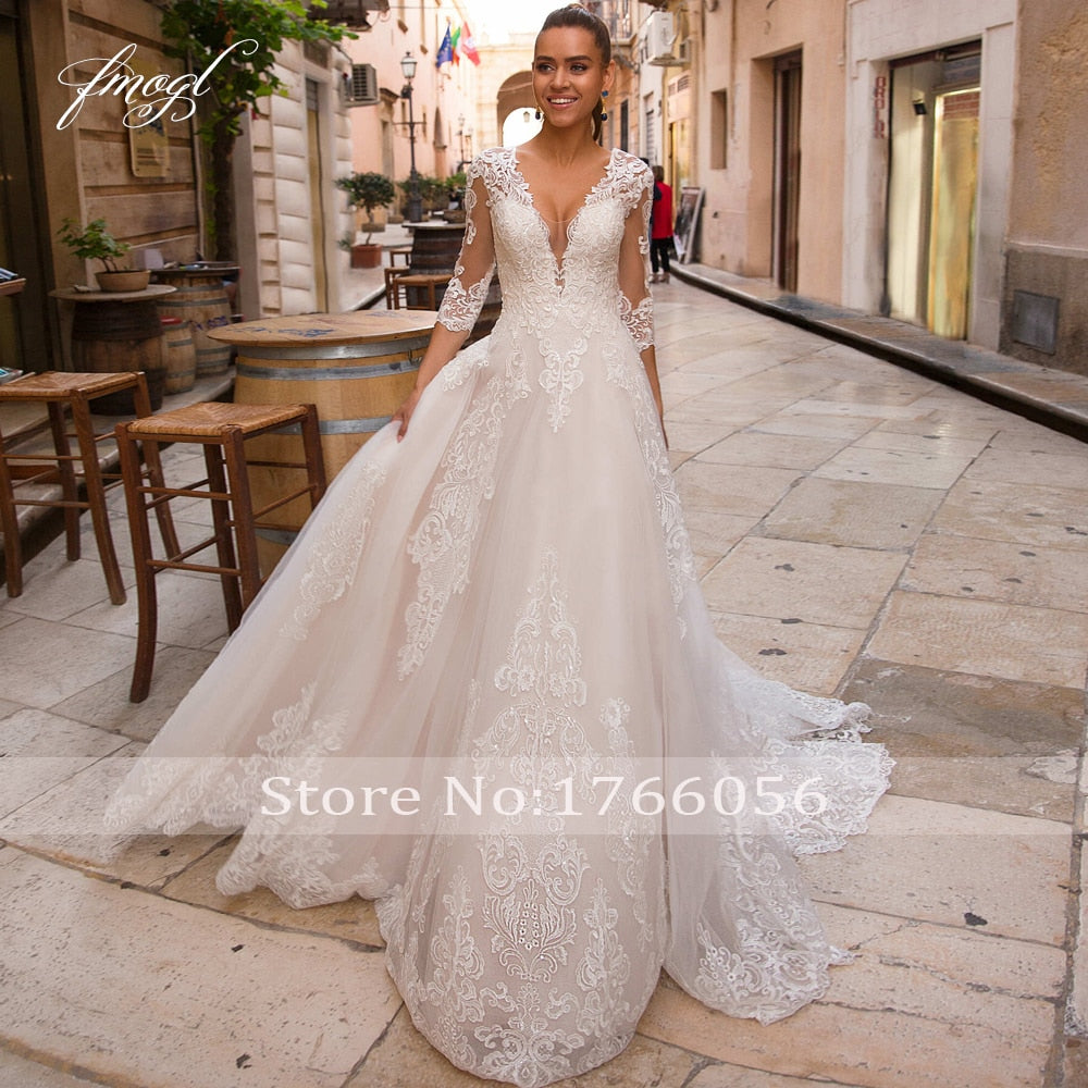 Luxurious 2023 Deep V-Neck Backless Lace Three-Quarter Sleeve Wedding Dress - An Enchanting Work of Art