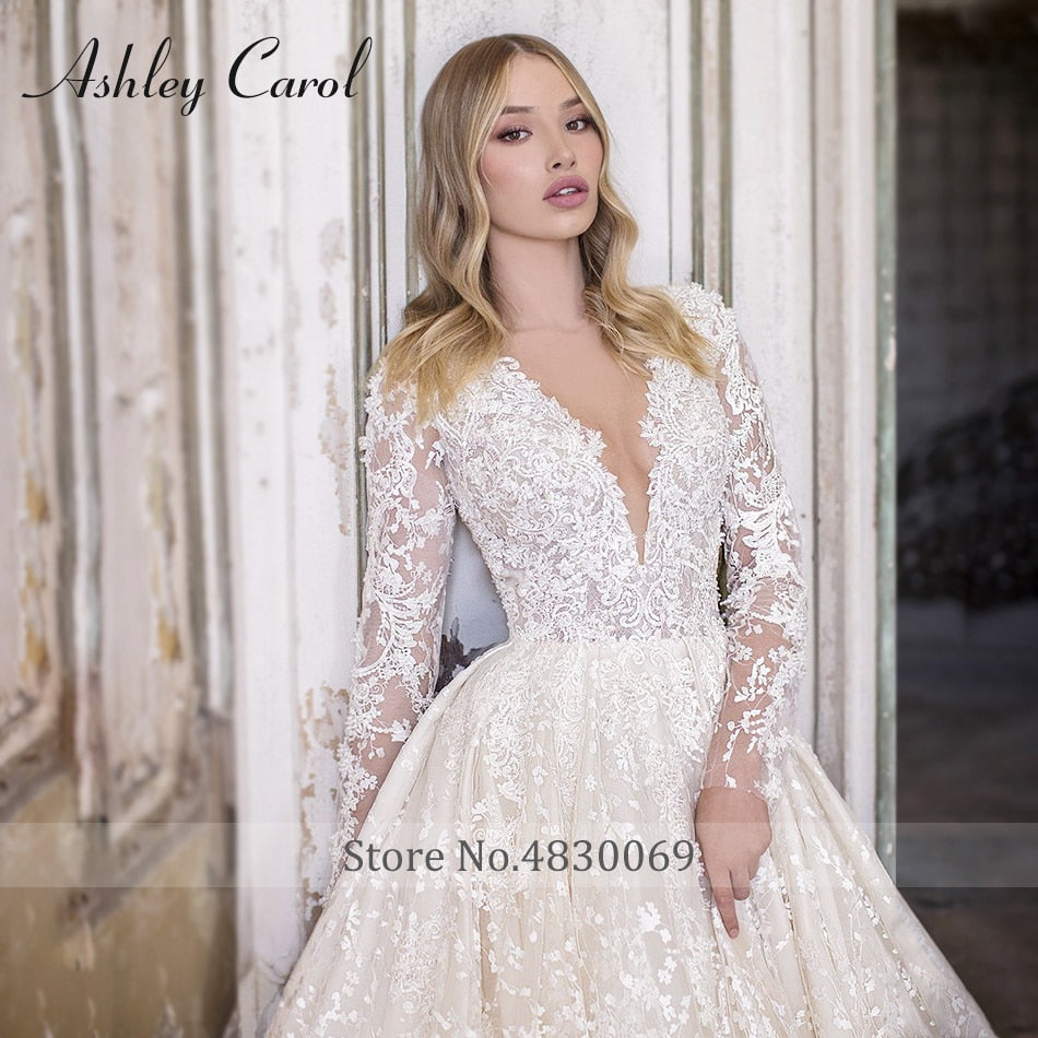 Abiti da sposa eleganti per le donne 2023 manica lunga in rilievo Appliques scollo a V abito da sposa principessa Abiti da sposa - Bridetobe.it