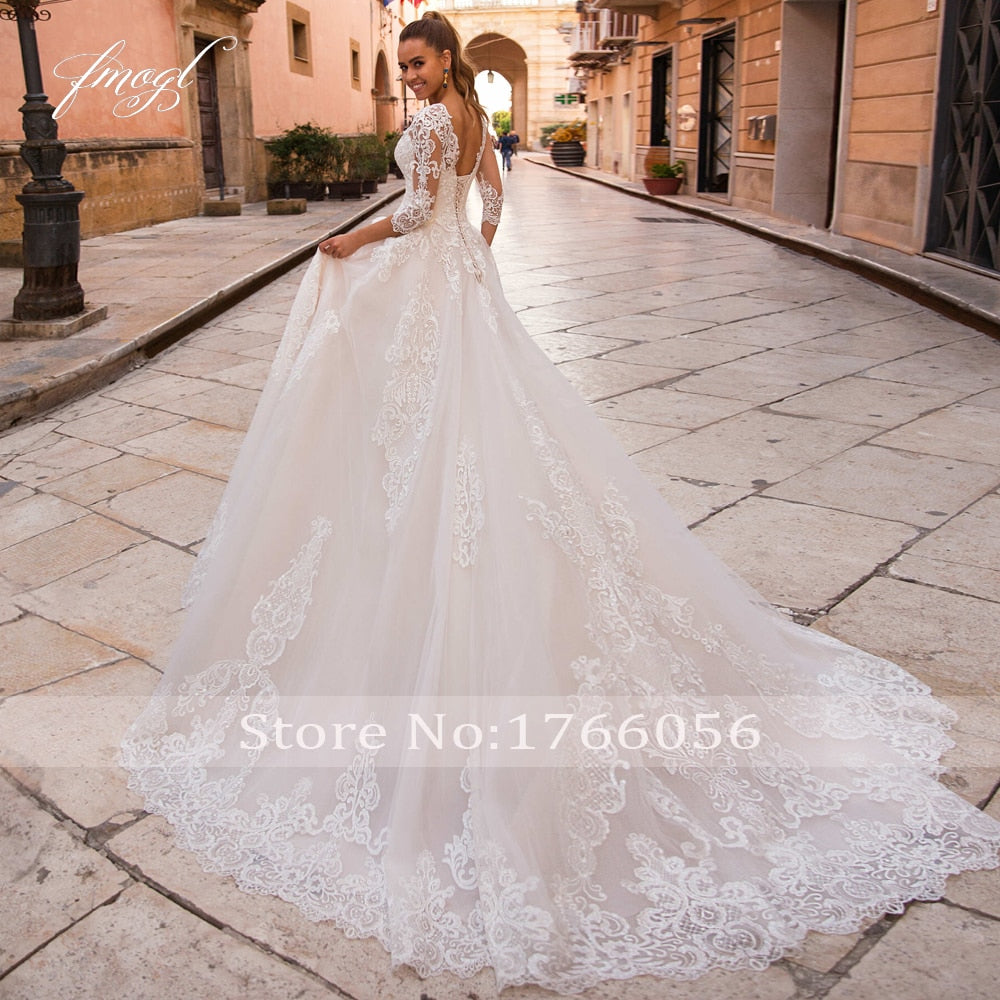 Luxurious 2023 Deep V-Neck Backless Lace Three-Quarter Sleeve Wedding Dress - An Enchanting Work of Art
