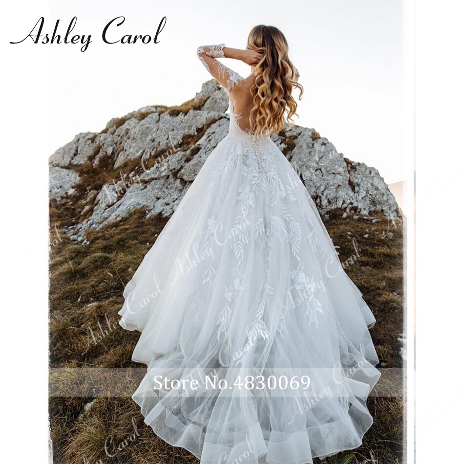 Abito da sposa sexy in tulle con applicazioni scollo a V 2022 Illusion Backless manica lunga principessa Boho Vestido De Noiva - Bridetobe.it