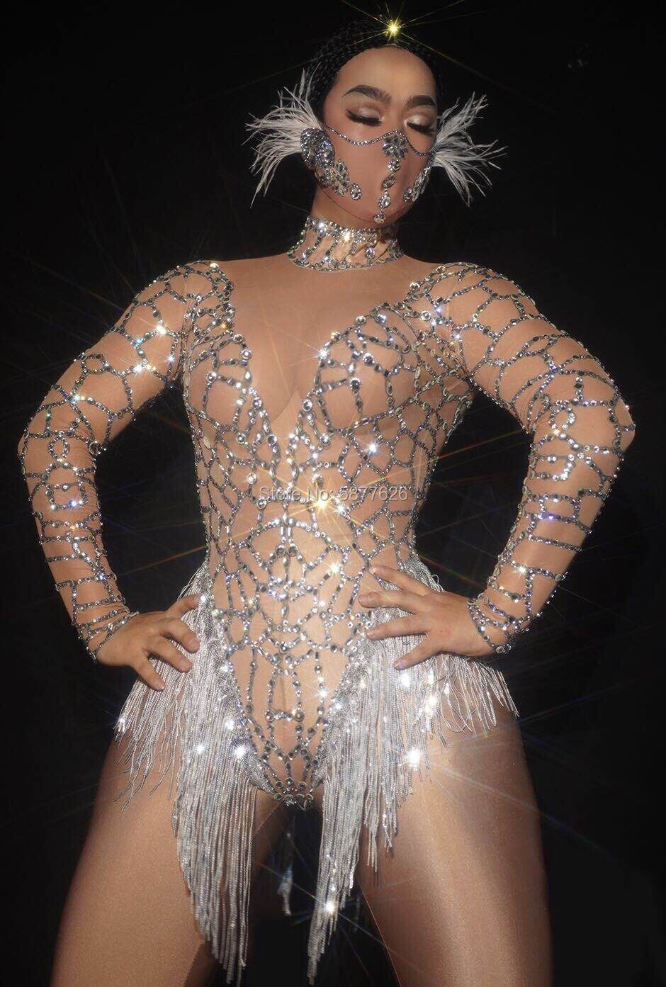 Tuta con strass argento Tuta scintillante scintillante costume da ballo per feste di celebrità da donna sexy - Bridetobe.it