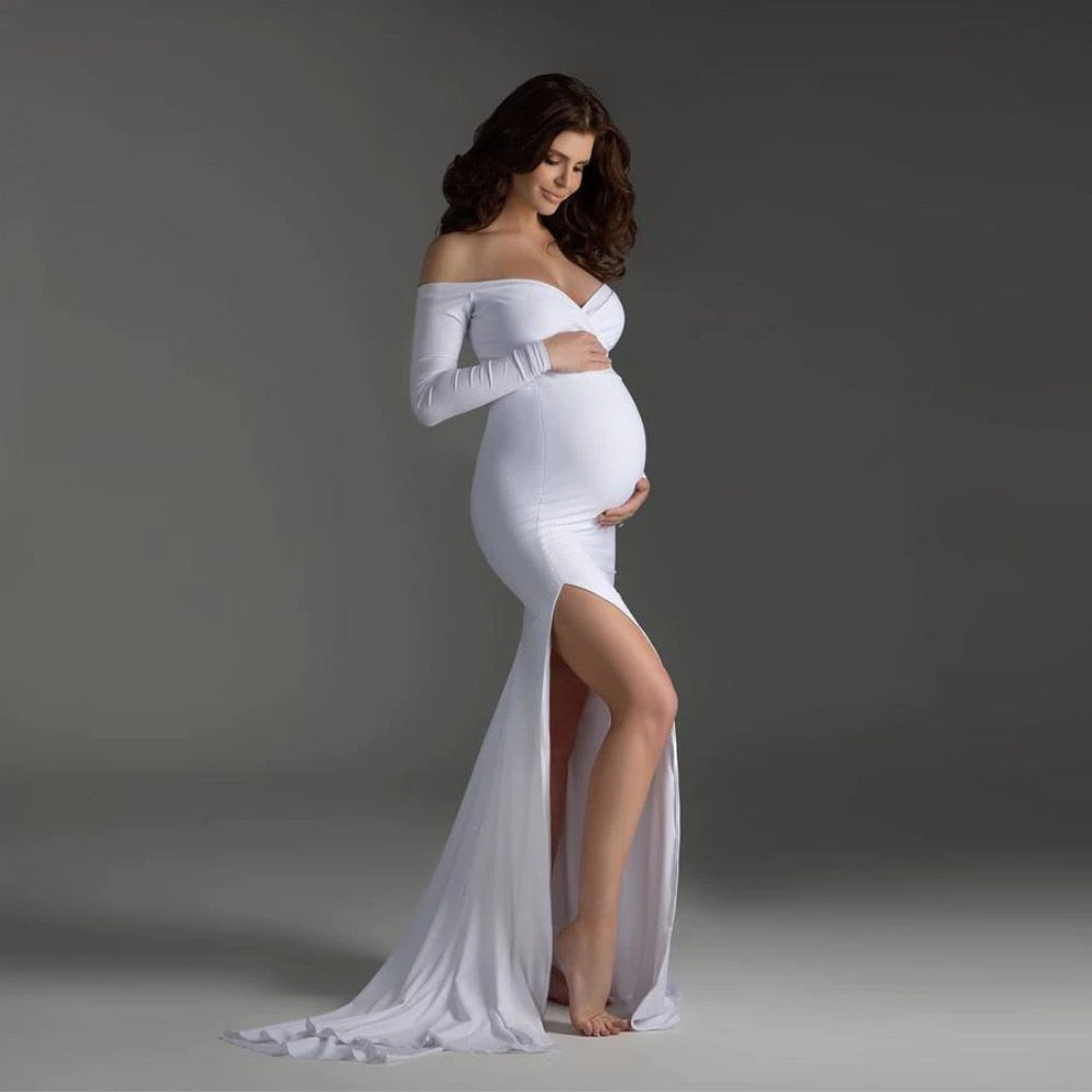 Abito Maternità Spalle Scoperte Sexy per Shooting Fotografico - Vestito Lungo Maxi per Baby Shower e Donne Incinte in Gravidanza