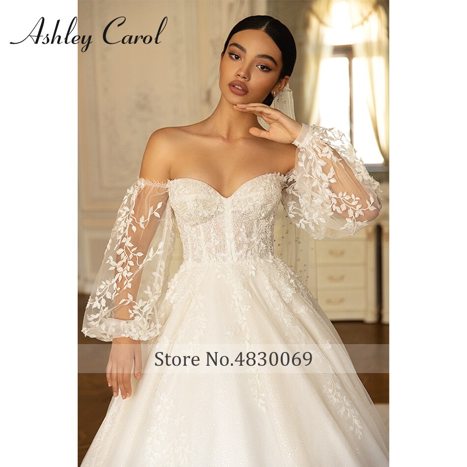 Abito da sposa A-Line 2023 Delicate applicazioni di perline Sweetheart Sposa Manica a sbuffo Treno lungo Abito da sposa principessa - Bridetobe.it