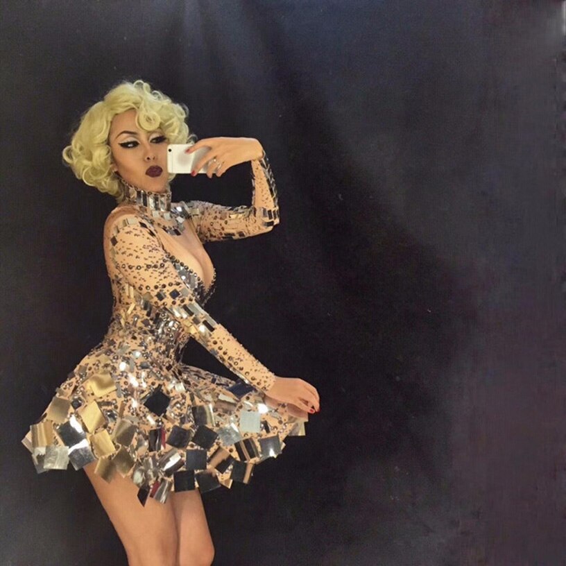 Abito da Celebrità cantante specchio palcoscenico danza indossa spettacolo abito strass costume abiti da festa scintillanti paillettes argento body - Bridetobe.it