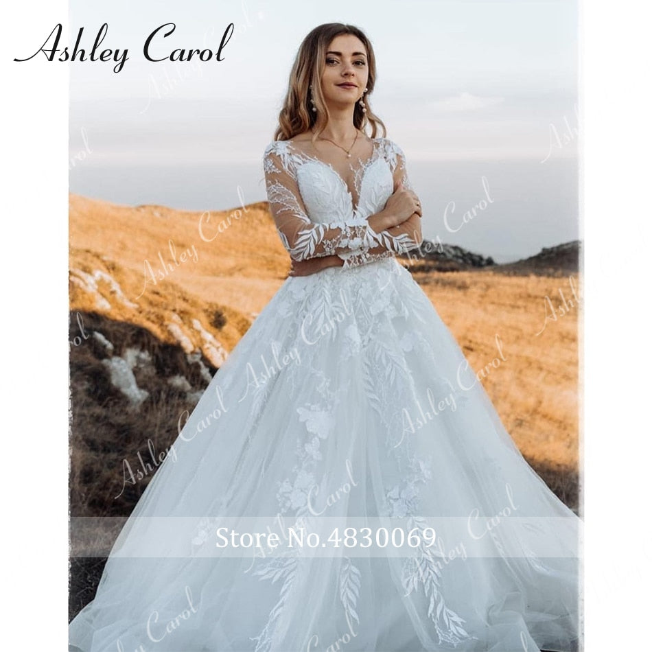 Abito da sposa sexy in tulle con applicazioni scollo a V 2022 Illusion Backless manica lunga principessa Boho Vestido De Noiva - Bridetobe.it