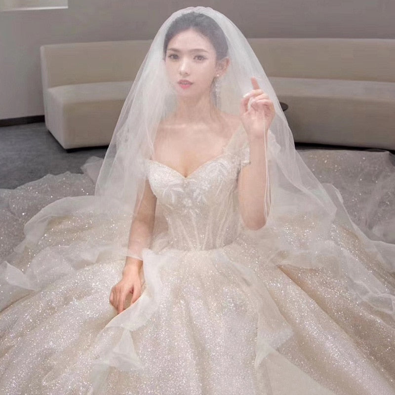 Abito da sposa taglia comoda in pizzo 2023 con maniche, lussuoso treno, colore brillante francese, scollatura a barchetta