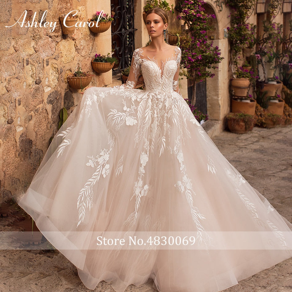 Abito da sposa sexy in tulle con applicazioni scollo a V 2022 Illusion Backless manica lunga principessa Boho Vestido De Noiva - Bridetobe.it