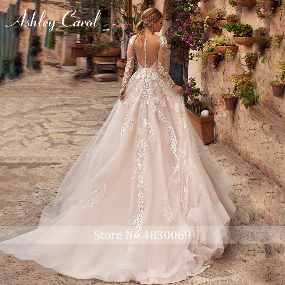 Abito da sposa sexy in tulle con applicazioni scollo a V 2022 Illusion Backless manica lunga principessa Boho Vestido De Noiva - Bridetobe.it