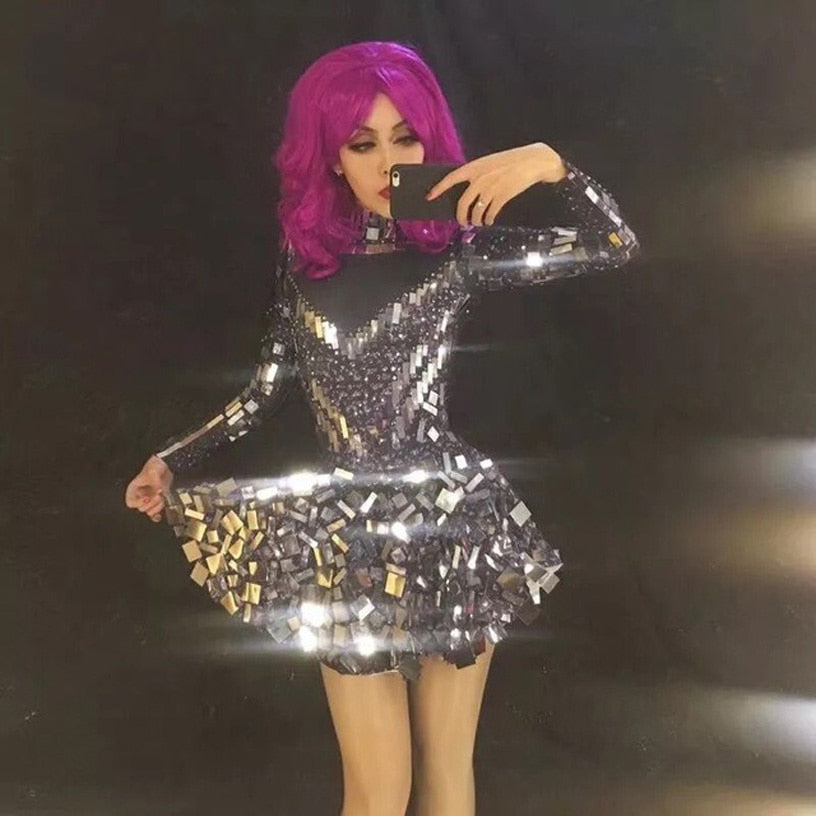 Abito da Celebrità cantante specchio palcoscenico danza indossa spettacolo abito strass costume abiti da festa scintillanti paillettes argento body - Bridetobe.it