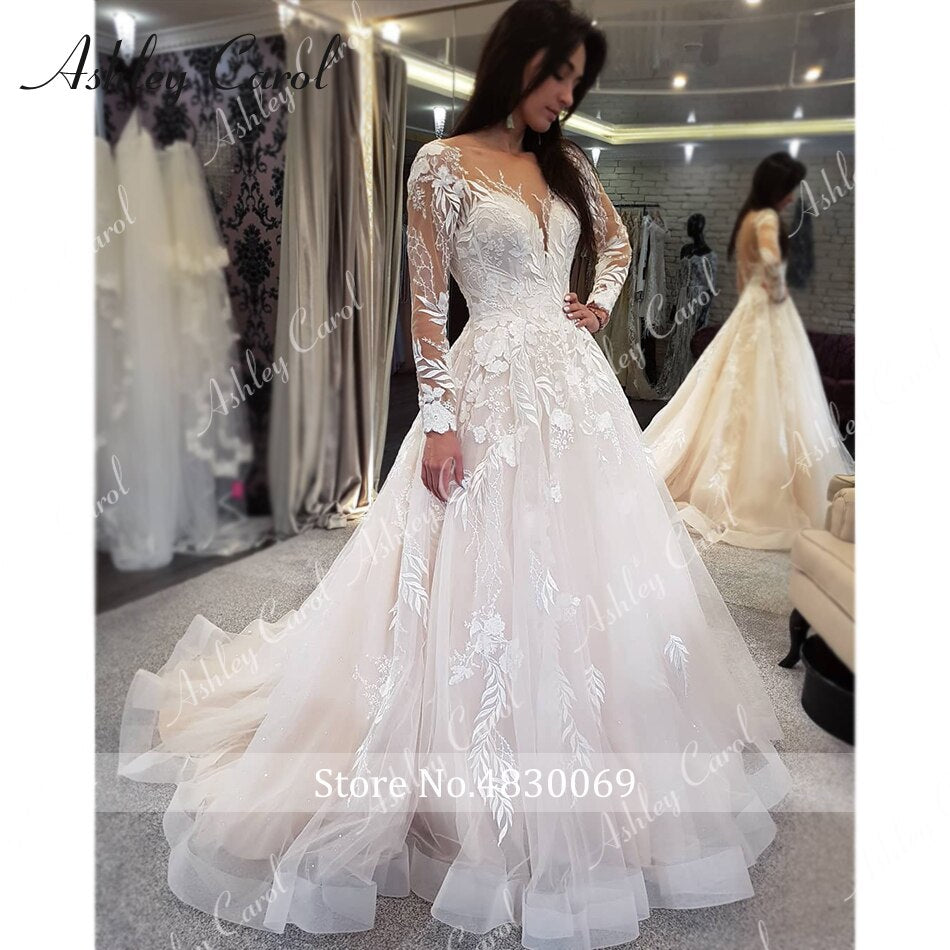 Abito da sposa sexy in tulle con applicazioni scollo a V 2022 Illusion Backless manica lunga principessa Boho Vestido De Noiva - Bridetobe.it