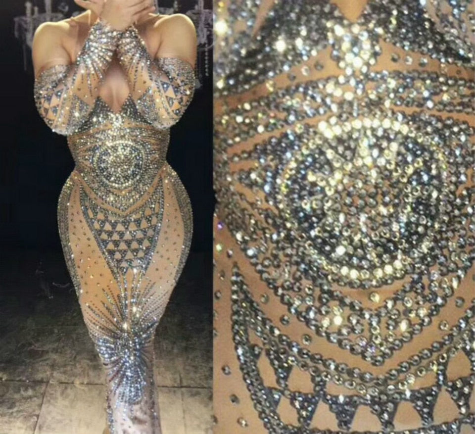 Abito lungo con strass Abito da celebrità di compleanno scintillante con pietre piene da discoteca sexy - Bridetobe.it