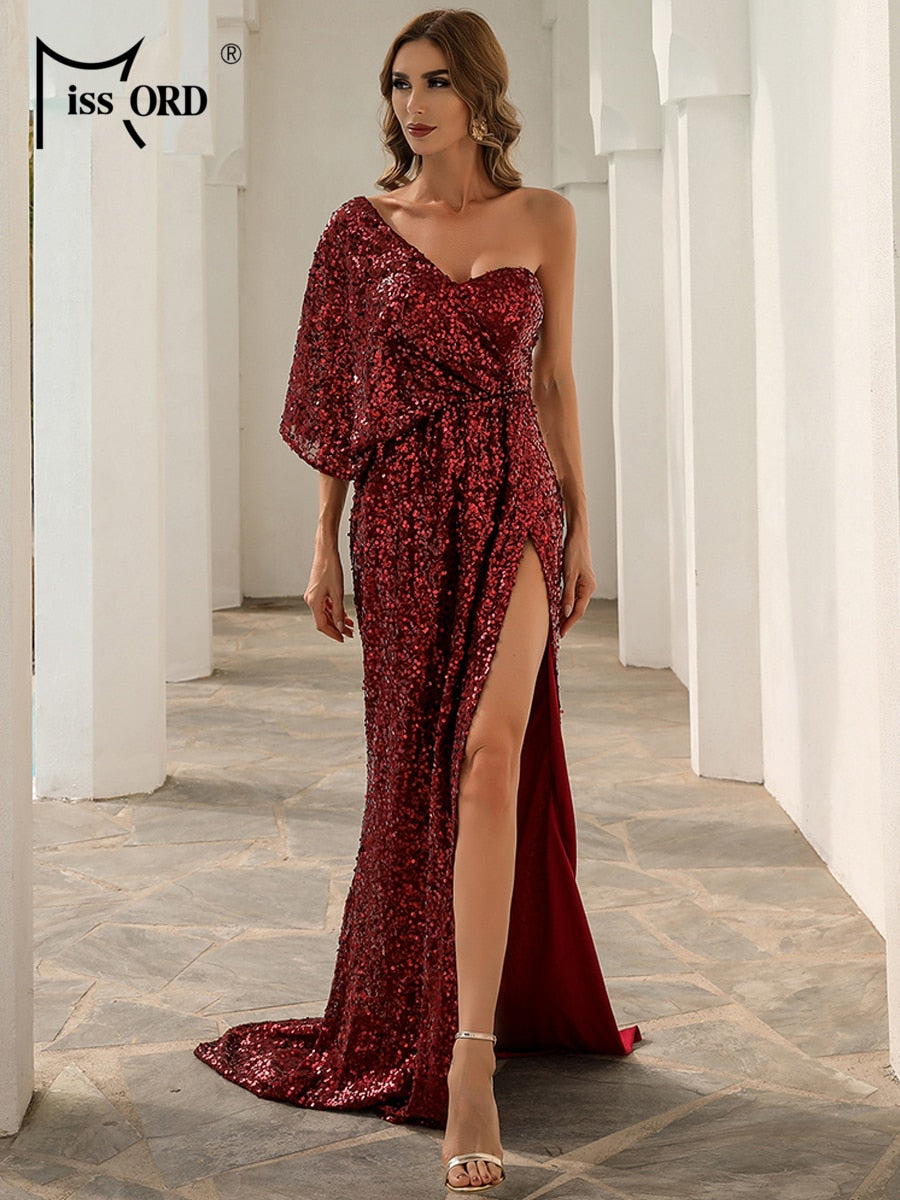 Vestito da sera da sera con paillettes monospalla manica lunga maxi abiti da donna sexy con spacco alto nero solido - Bridetobe.it