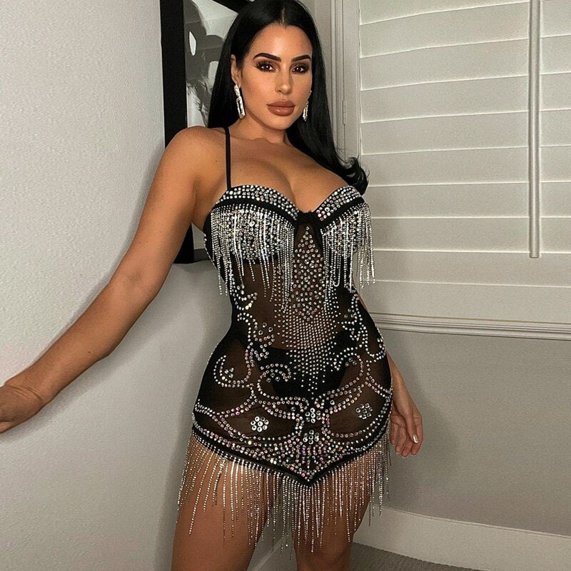 Abito da festa corto con frange di strass a rete trasparente scintillante Abito da discoteca con paillettes glamour da donna estivo Abiti da compleanno - Bridetobe.it