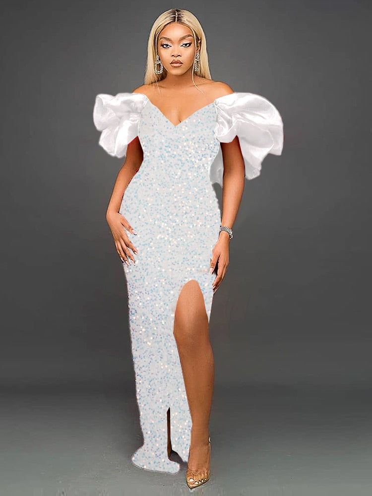 Abito da damigella d'onore da donna sexy con paillettes e spalle scoperte, maniche lunghe, abiti in velluto, grandi dimensioni, maxi abito da sera formale da sera - Bridetobe.it