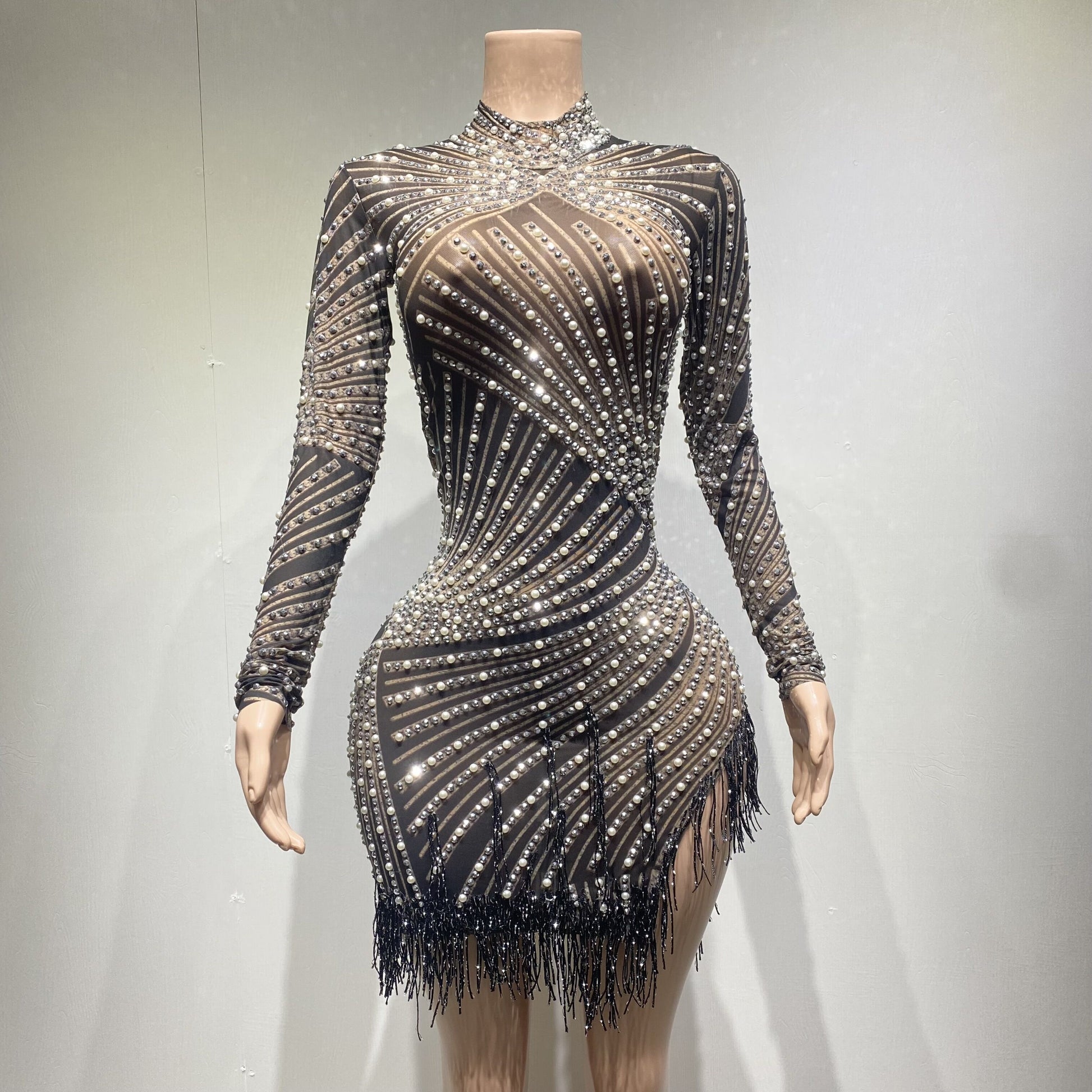 Vestito di perle di strass di celebrità Vestito di maglia a collo alto con frange bianche Discoteca, vestito da celebrazione di compleanno per feste Vestito da ballo per donna - Bridetobe.it