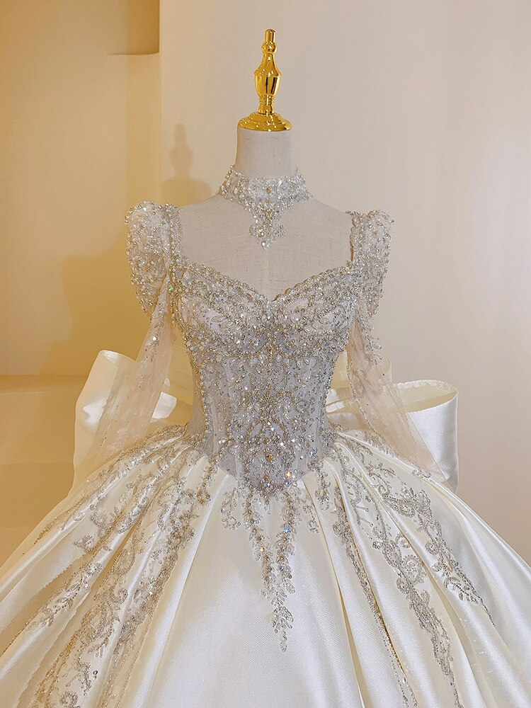 Plus Size Satin Square Collar Lace Detail Wedding Dress - Custom Made Luxury Full Skirt Floor Length or Train Bridal Gown
