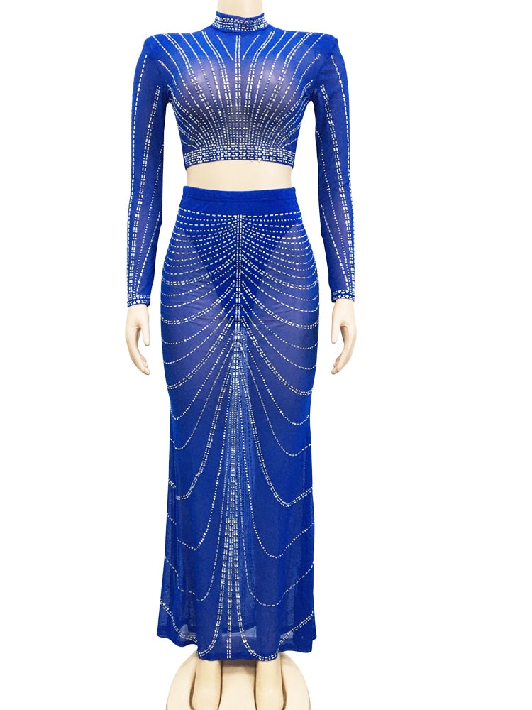 Abiti elegante gonna trasparente in cristallo di strass lucido sexy e top corto da donna top a maniche lunghe e maxi gonna Abbigliamento da discoteca - Bridetobe.it
