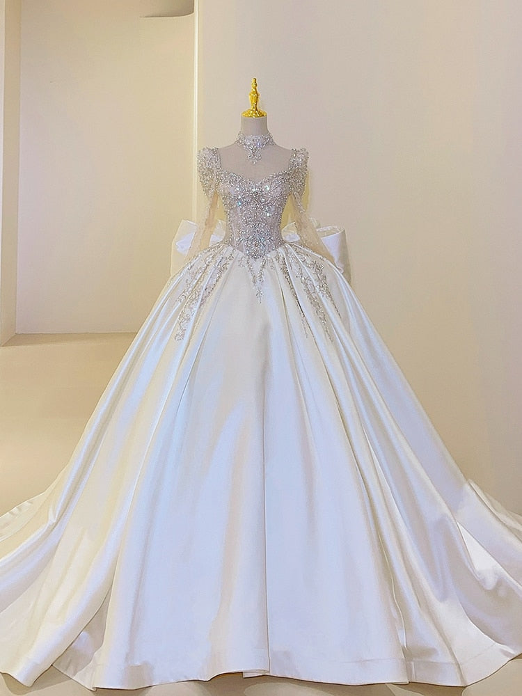 Plus Size Satin Square Collar Lace Detail Wedding Dress - Custom Made Luxury Full Skirt Floor Length or Train Bridal Gown