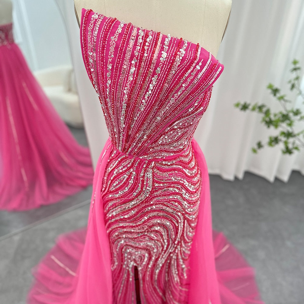 Abito da sera di lusso Dubai Fucsia 2023 con sovrapposta, spacco alto e scollo a cordoncino - Vestito da sposa per donne arabe per party