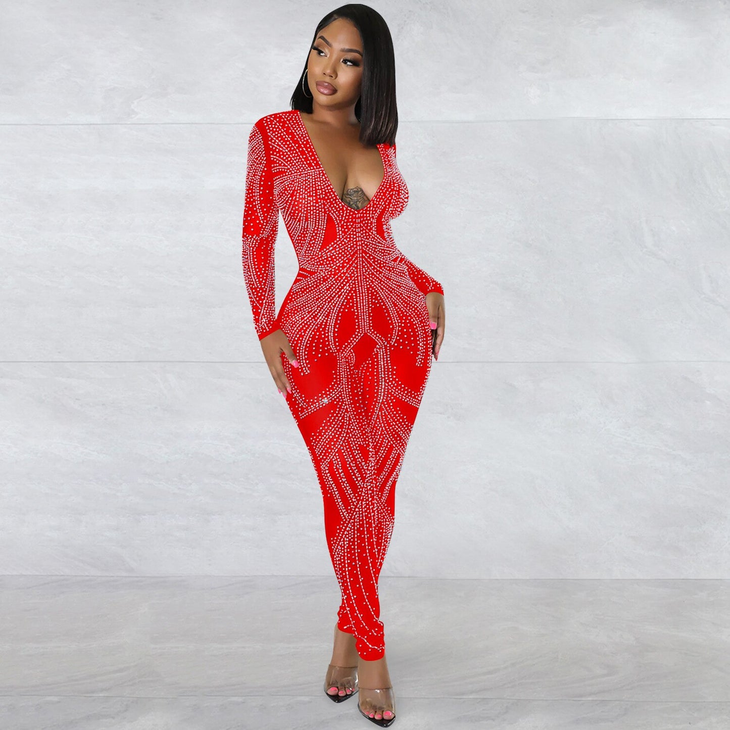 Tute trasparenti con scollo a V in strass argento scintillante Abiti da discoteca con pagliaccetto in cristallo a maniche lunghe con glitter - Bridetobe.it