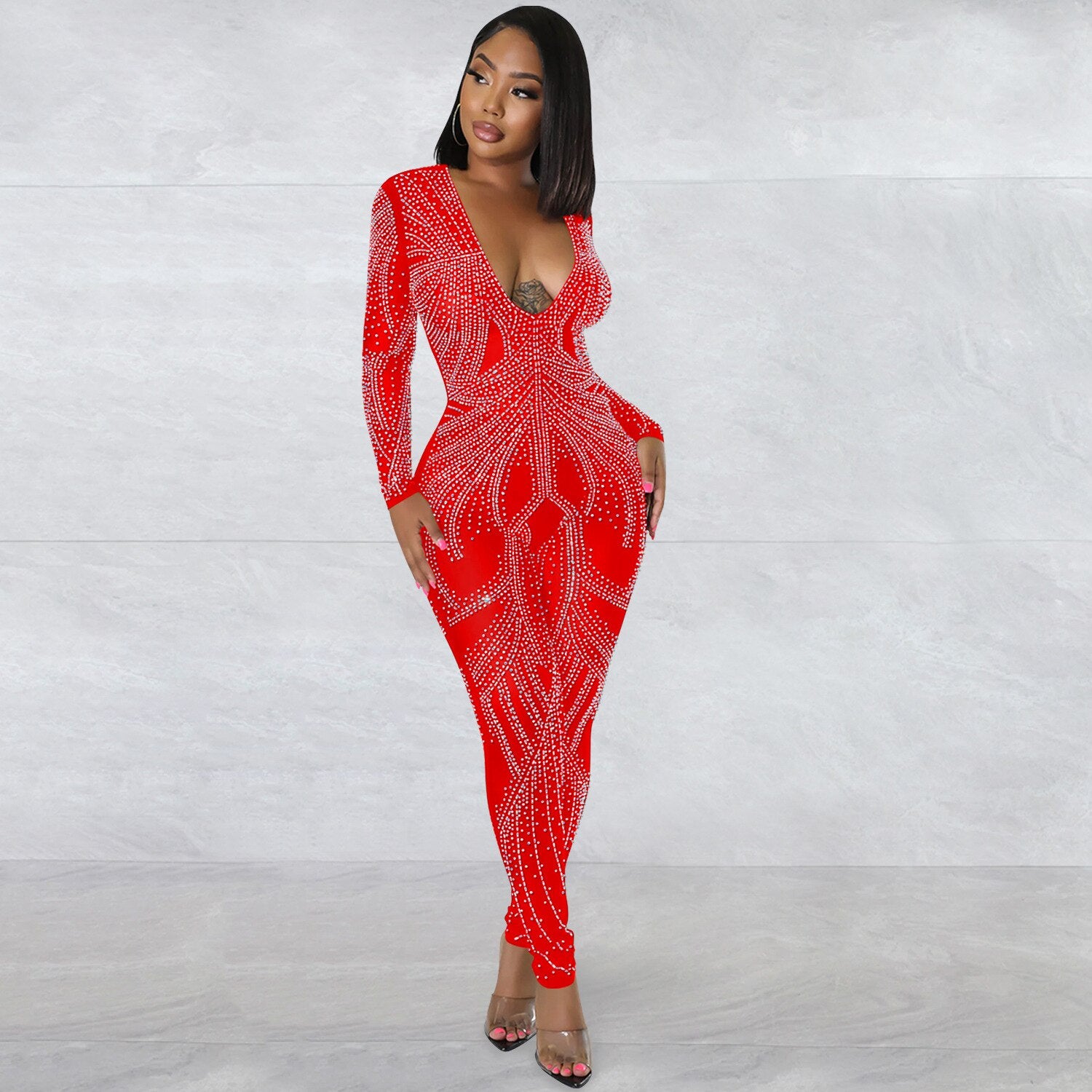 Tute trasparenti con scollo a V in strass argento scintillante Abiti da discoteca con pagliaccetto in cristallo a maniche lunghe con glitter - Bridetobe.it