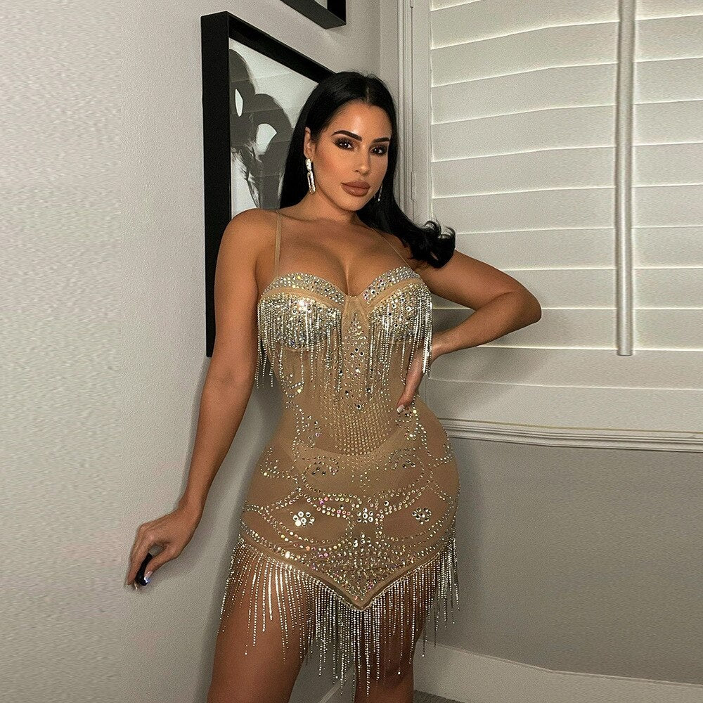 Abito da festa corto con frange di strass a rete trasparente scintillante Abito da discoteca con paillettes glamour da donna estivo Abiti da compleanno - Bridetobe.it
