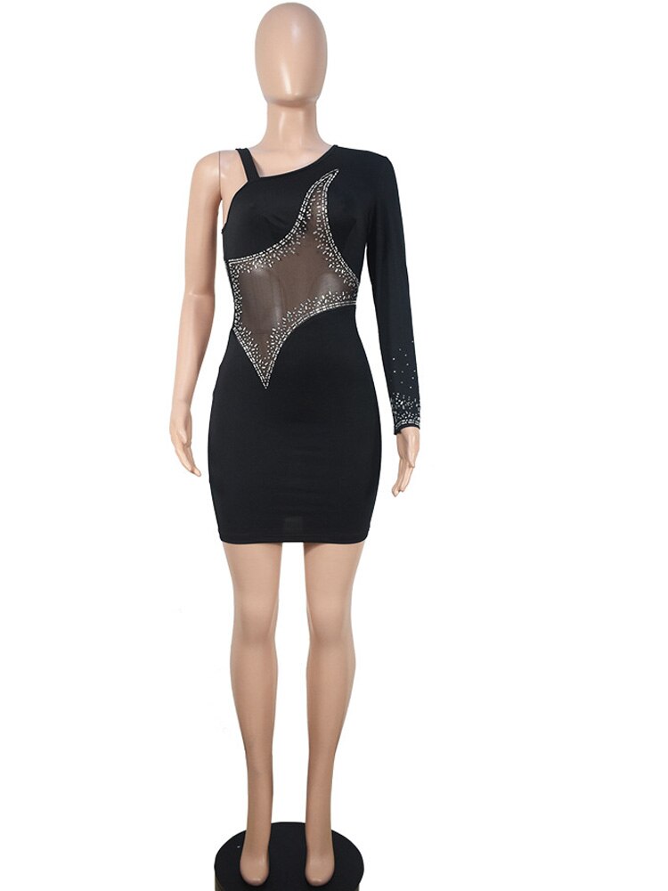 Mini abiti scintillanti con strass a spalla singola glam abito da sera in cristallo patchwork da donna in rete Abiti da discoteca - Bridetobe.it