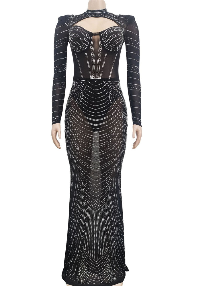 Abito lungo trasparente con strass in maglia di cristallo con strass sexy. Abito lungo da indossare in discoteca con maniche lunghe da donna - Bridetobe.it