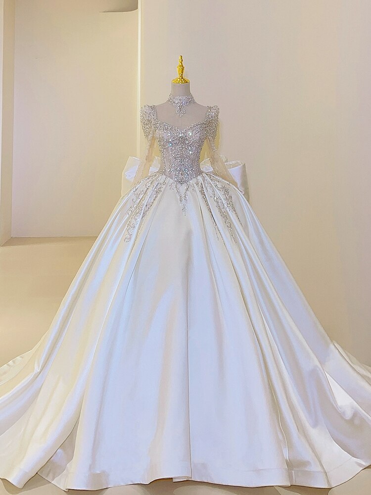 Plus Size Satin Square Collar Lace Detail Wedding Dress - Custom Made Luxury Full Skirt Floor Length or Train Bridal Gown