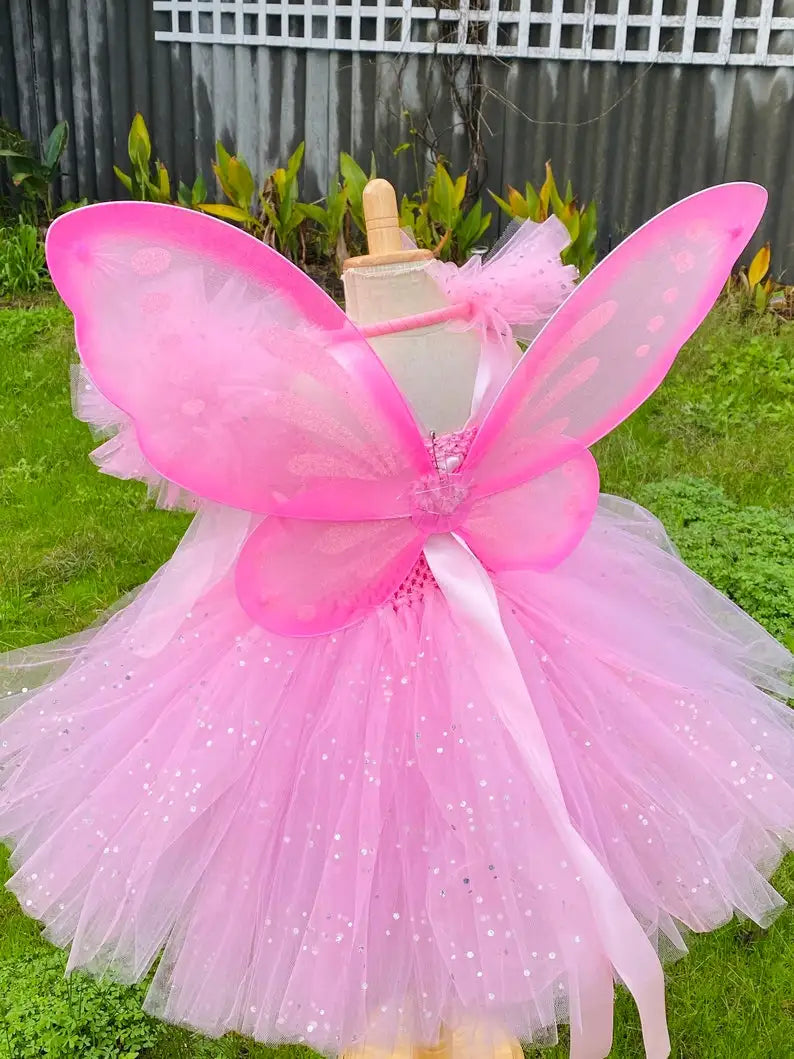 Vestito da Fata Rosa per Bambine: Abito con Tutu Glitterato, Fiori, Ali e Bacchetta - Costume Compleanno e Halloween
