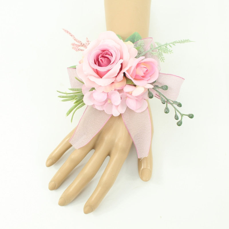 4 pezzi polso fiore corpetto damigella d'onore fiore fatto a mano seta artificiale rosa braccialetto fiori per la festa nuziale - Bridetobe.it