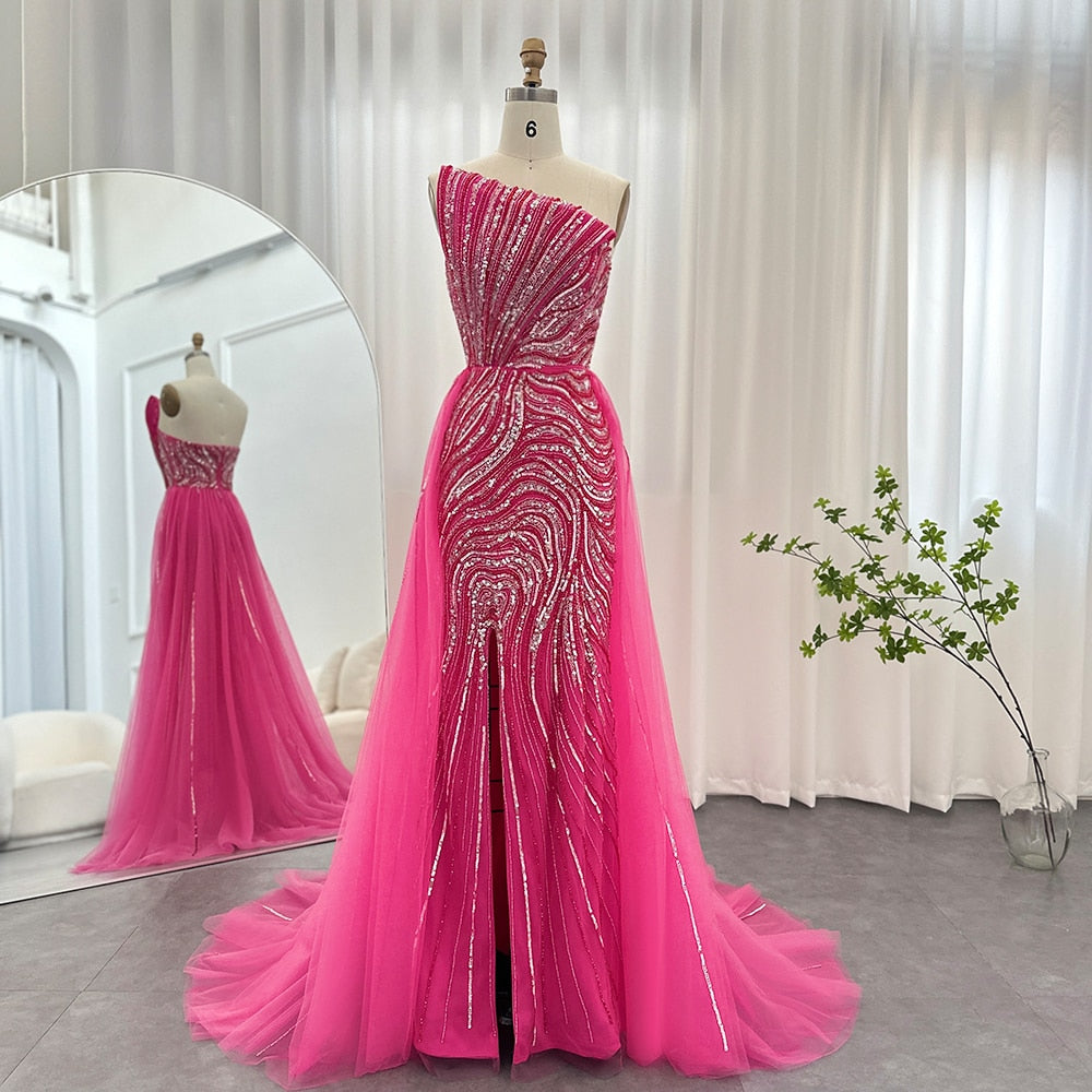 Abito da sera di lusso Dubai Fucsia 2023 con sovrapposta, spacco alto e scollo a cordoncino - Vestito da sposa per donne arabe per party