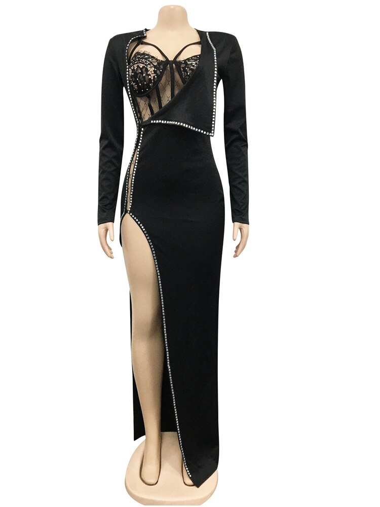 Abito da sera sexy con strass impreziosito da body Set elegante abito da donna in due pezzi con spacco alto aderente da discoteca - Bridetobe.it
