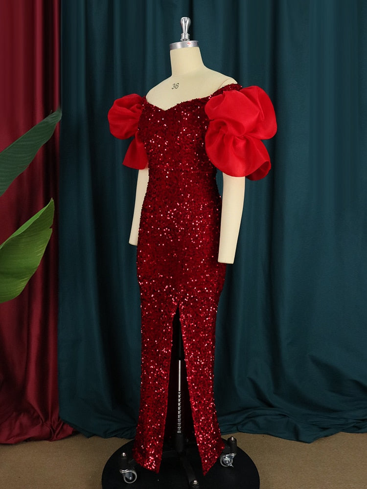 Abito da damigella d'onore da donna sexy con paillettes e spalle scoperte, maniche lunghe, abiti in velluto, grandi dimensioni, maxi abito da sera formale da sera - Bridetobe.it