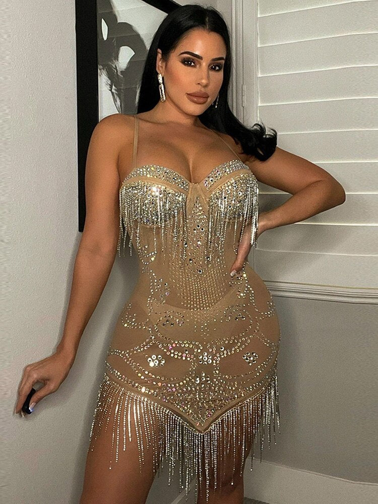 Abito da festa corto con frange di strass a rete trasparente scintillante Abito da discoteca con paillettes glamour da donna estivo Abiti da compleanno - Bridetobe.it