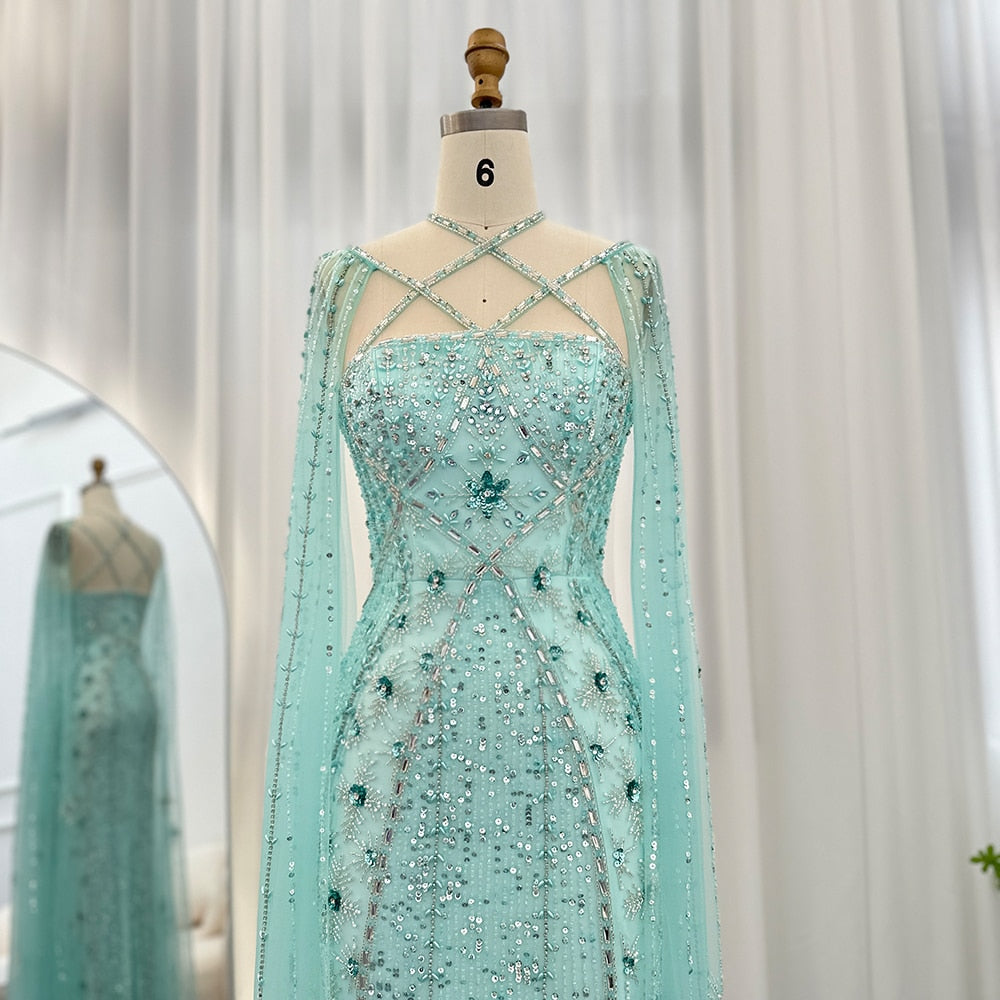 Abito da Sera di lusso Aqua Lilac con Maniche a Mantella Incrociate Stile Sirena Araba a Coda di Rondine per Matrimoni e Feste di Nozze delle Donne a Dubai