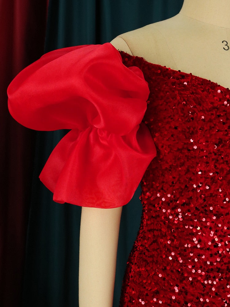 Abito da damigella d'onore da donna sexy con paillettes e spalle scoperte, maniche lunghe, abiti in velluto, grandi dimensioni, maxi abito da sera formale da sera - Bridetobe.it